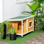 PawHut Cușcă pentru câini de exterior din lemn de brad cu verandă acoperită și acoperiș înclinat, 85.5x62x60 cm, multicolor 