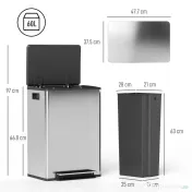 HOMCOM Coș de gunoi cu 2 compartimente de 30L cu pedală și capac silențios, din oțel inoxidabil și PP, 47.7x37.5x66.8 cm 