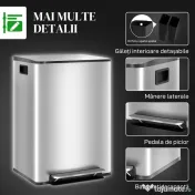HOMCOM Coș de gunoi cu 2 compartimente de 30L cu pedală și capac silențios, din oțel inoxidabil și PP, 47.7x37.5x66.8 cm 