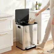HOMCOM Coș de gunoi cu 2 compartimente de 30L cu pedală și capac silențios, din oțel inoxidabil și PP, 47.7x37.5x66.8 cm 