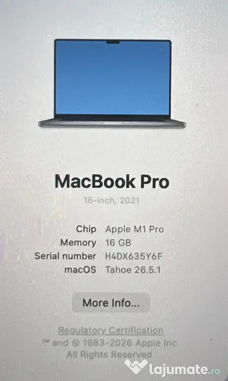MacBook Pro 16” 2021 M1 Pro 10-core / 16GB / 1TB SSD/ Stare foarte bună