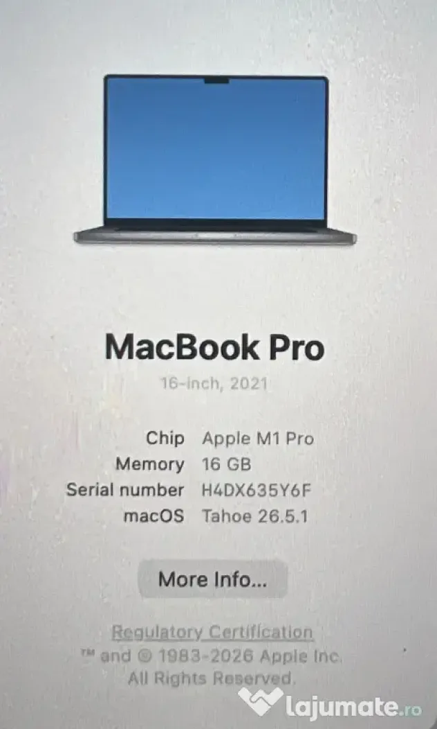 MacBook Pro 16” 2021 M1 Pro 10-core / 16GB / 1TB SSD/ Stare foarte bună