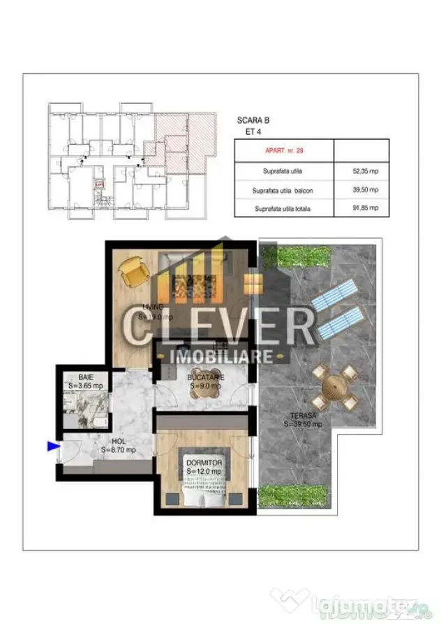 2 Camere | 91,85 mp Total | Terasa 39,5 mp | Etaj 4 | Pal...