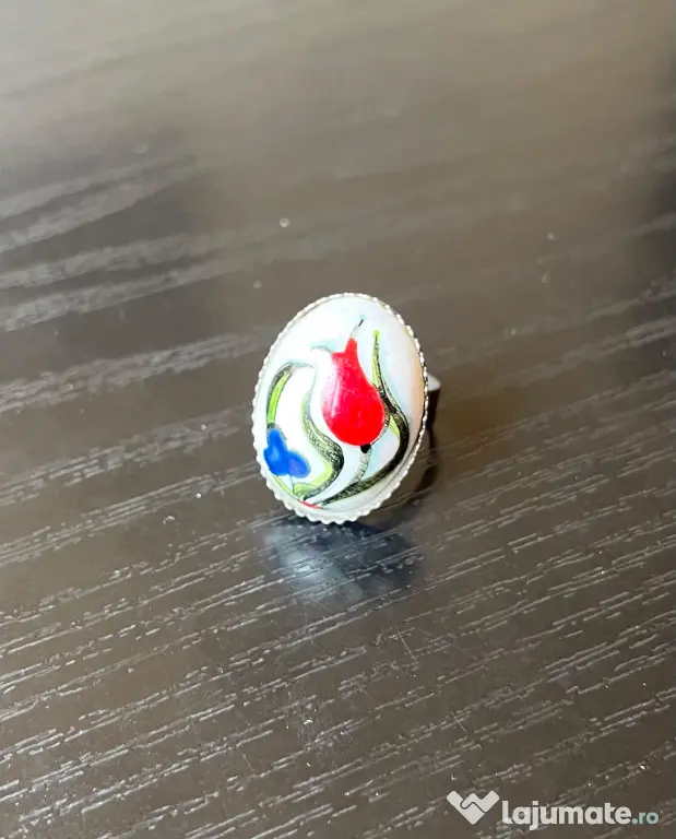 Inel ceramic turcesc Iznik – Pictat manual, Lalea tradițională (Reglabil)