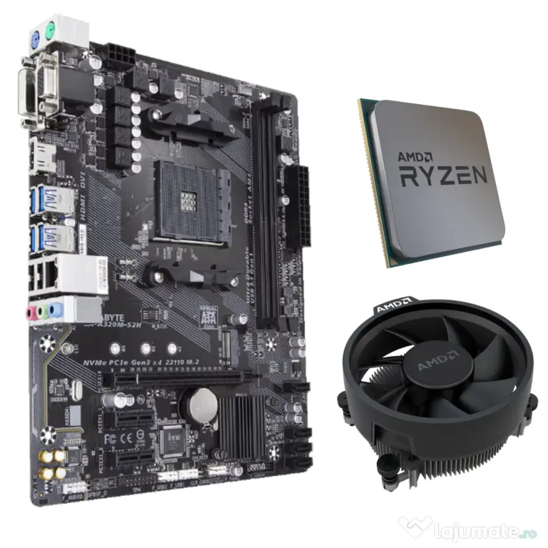 Kit placă de bază gigabyte ga-a320m-s2h + procesor amd ryzen 3 3200g + cooler original, bulk