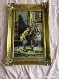 Tablou Goblen Cusut Manual „Der Gratulant” (după Carl Spitzweg) – Ramă Baroc 