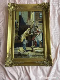 Tablou Goblen Cusut Manual „Der Gratulant” (după Carl Spitzweg) – Ramă Baroc