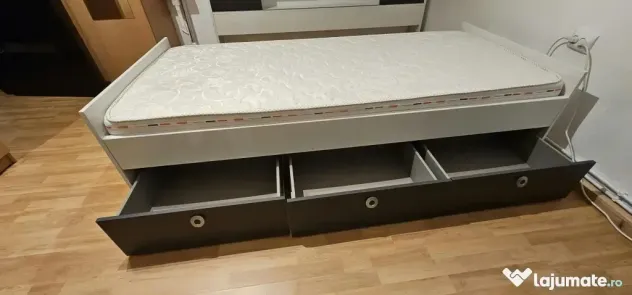 Pat 90x200 cu saltea Ortopedică Aloe Vera Memory Aquagel și 3 sertare