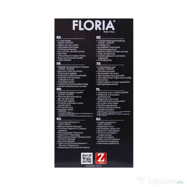 Aeroterma neagra cu 2 nivele de putere 1000/2000w, termostat reglabil / ZLN 6172