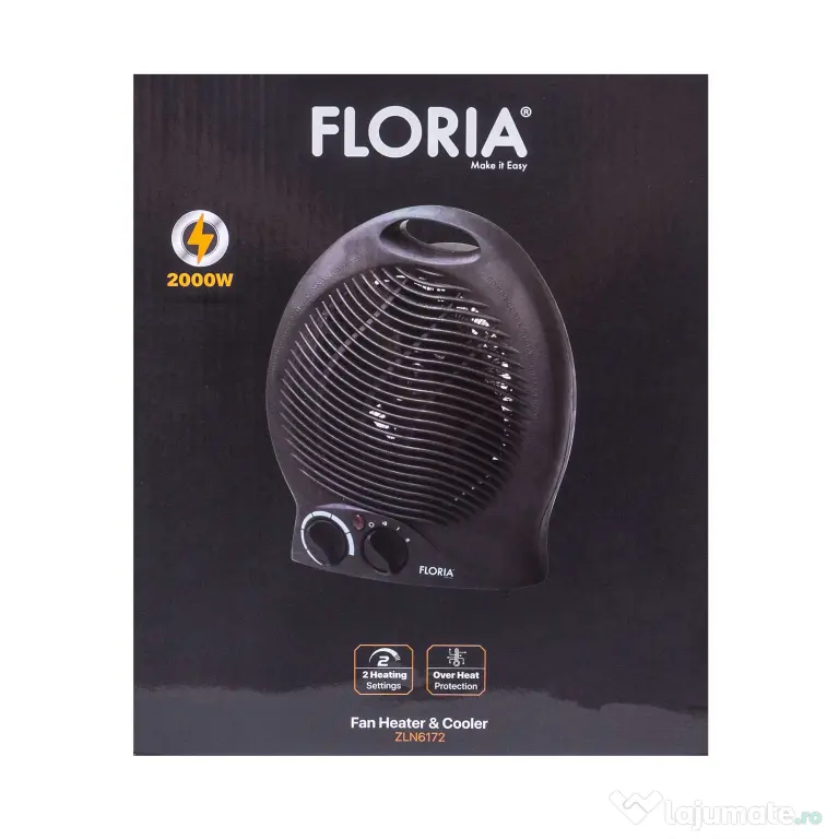 Aeroterma neagra cu 2 nivele de putere 1000/2000w, termostat reglabil / ZLN 6172
