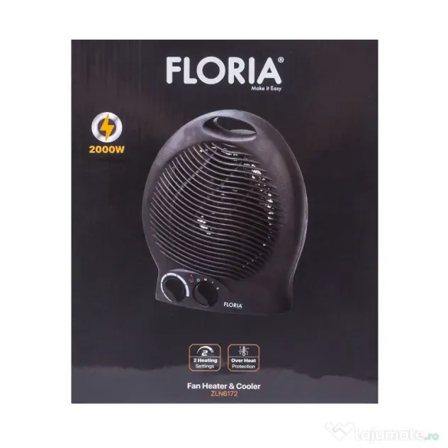 Aeroterma neagra cu 2 nivele de putere 1000/2000w, termostat reglabil / ZLN 6172
