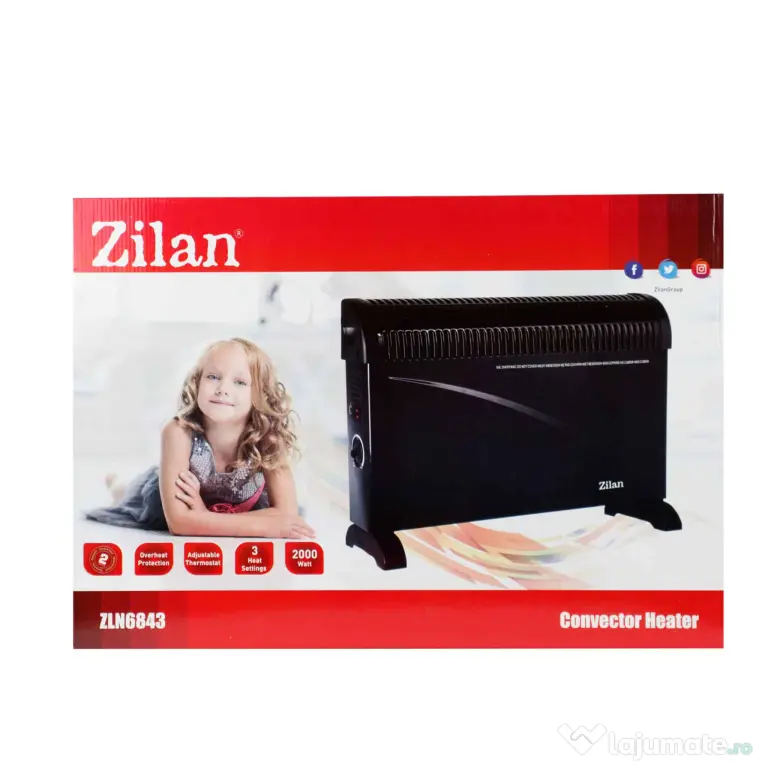 Convector electric podea 2000W, termostat reglabil 3 trepte, negru / ZLN 6843