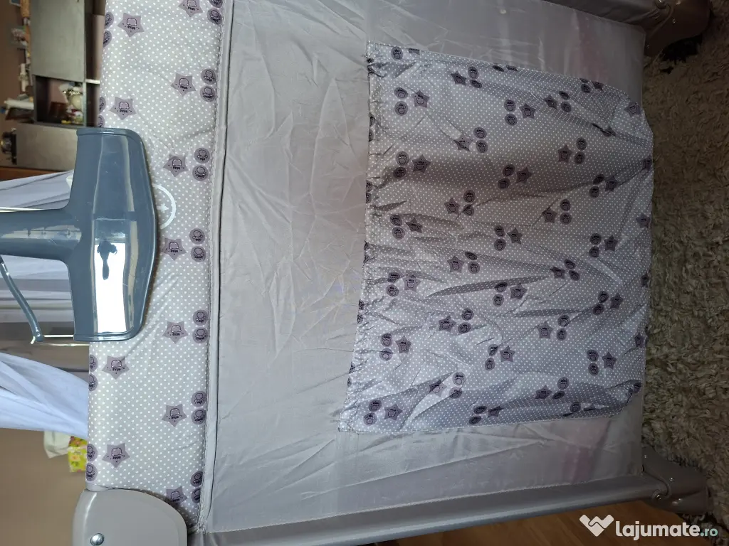 Pătuț pliabil L sun gri cu baldachin
