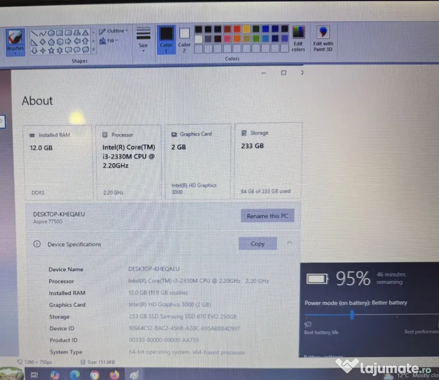 Laptop Acer Aspire 7750g Intel Core i3 12GB RAM, 250 GB SSD
