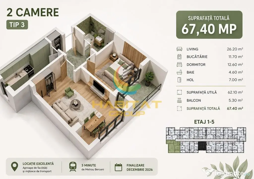 Vânzare apartament 2 camere - Metrou Berceni - Popesti Leordeni (Bucuresti-Ilfov)