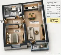 Apartament semifinisat cu 2 camere, 52 mp, etaj 2, garaj, zo 