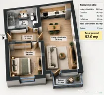 Apartament semifinisat cu 2 camere, 52 mp, etaj 2, garaj, zo