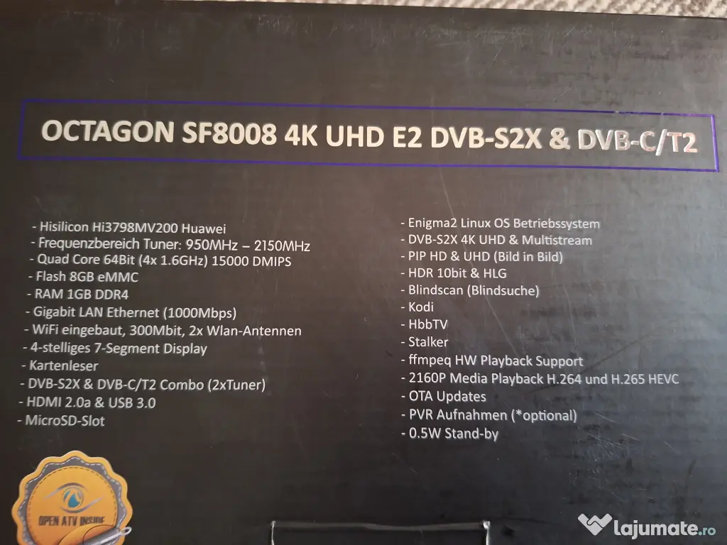 Octagon sf8008 4K UHD E2 DVB-S2X și DVB-C/T2