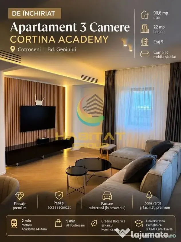 Închiriere Apartament 3 camere LUX - Cortina Academy - Cotroceni - Bucuresti (Bucuresti-Ilfov)