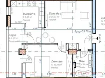 Apartament cu 2 camere, semidecomandat, 53 mp utili, logie 6