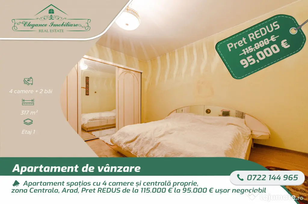 Apartament spațios cu 4 camere și centrală proprie, zona
