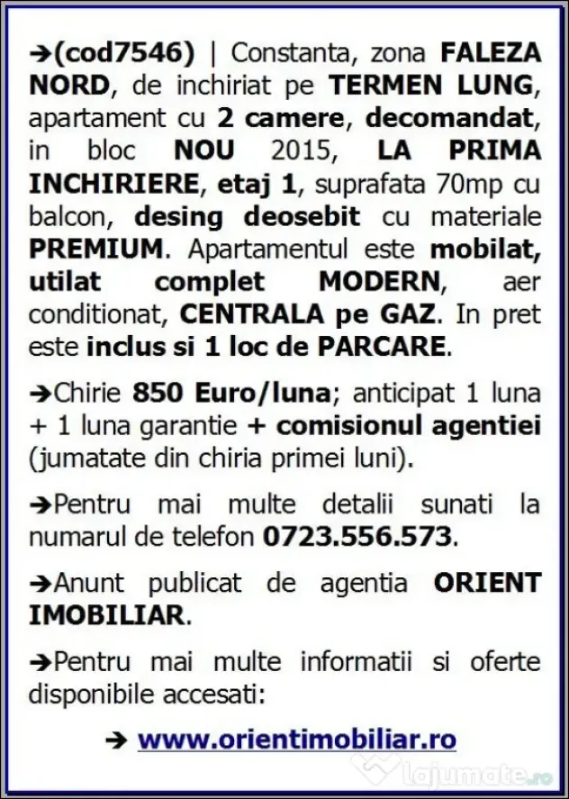 Faleza Nord, decomandat, 2 camere, etaj 1, 70mp, mobilat modern
