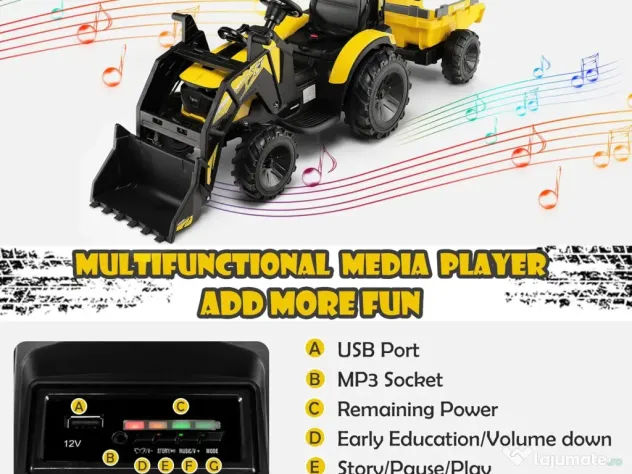 Tractor electric Kinderauto 720-T, 2x 45W 12V, cupa si incarcator Yellow
