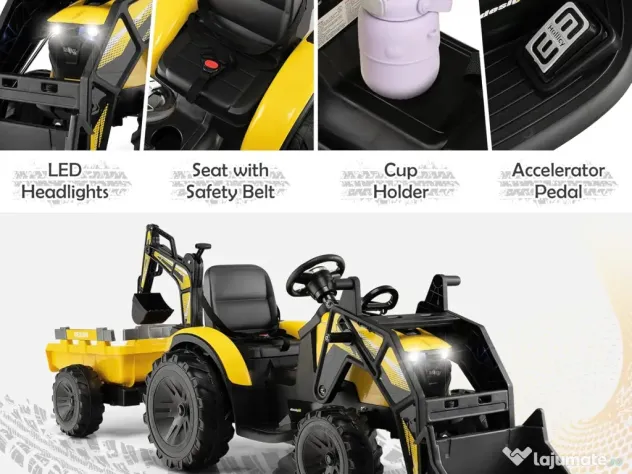 Tractor electric Kinderauto 720-T, 2x 45W 12V, cupa si incarcator Yellow