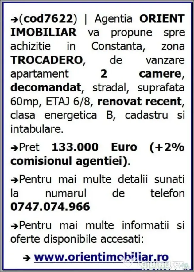 Trocadero, de vanzare 2 camere, decomandat, renovat