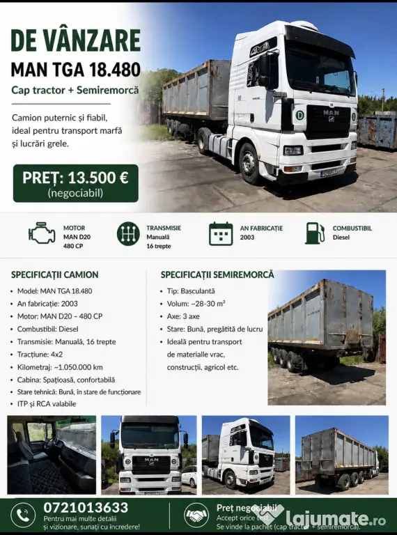 🚛 DE VÂNZARE – MAN TGA 18.480 + Semiremorcă basculabilă 3 axe