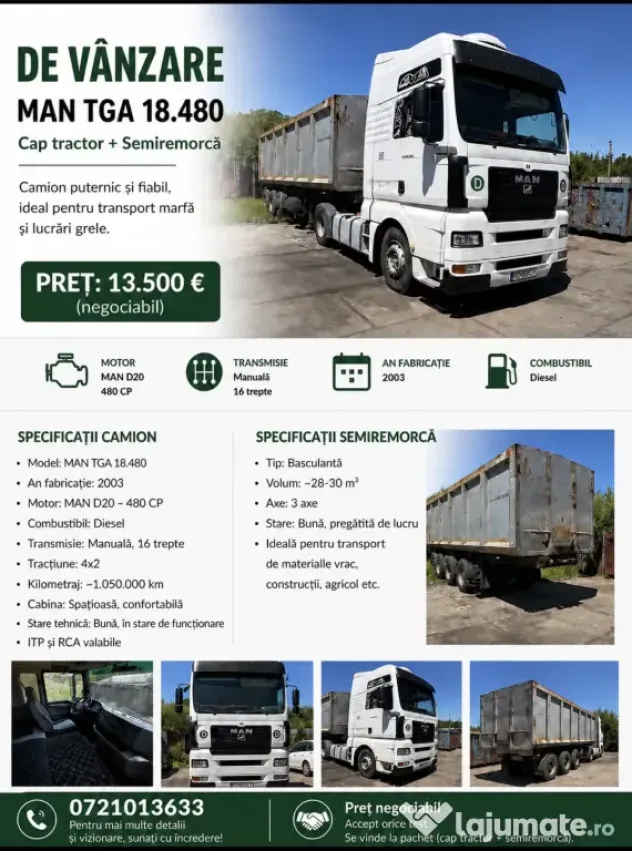 🚛 DE VÂNZARE – MAN TGA 18.480 + Semiremorcă basculabilă 3 axe