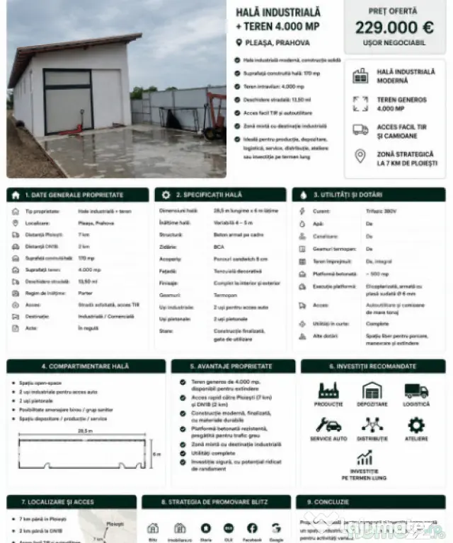 Hală industrială 2026 de vânzare, 170 mp,4000 mp teren P - Bucov (Prahova)