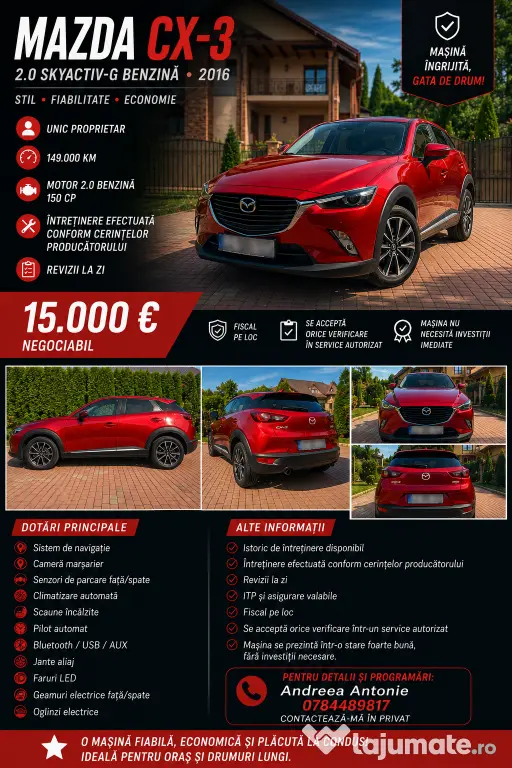 Mazda CX-3 2.0 Skyactiv-G 150 CP | 2016 | 149.000 km | Unic Proprietar
