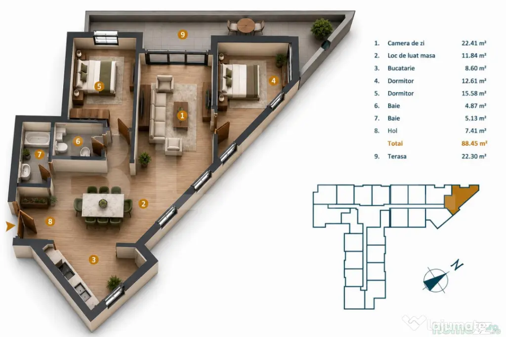 Apartament 3 camere, 88,2 mp, bloc nou cu CF, terasa 30,3 mp