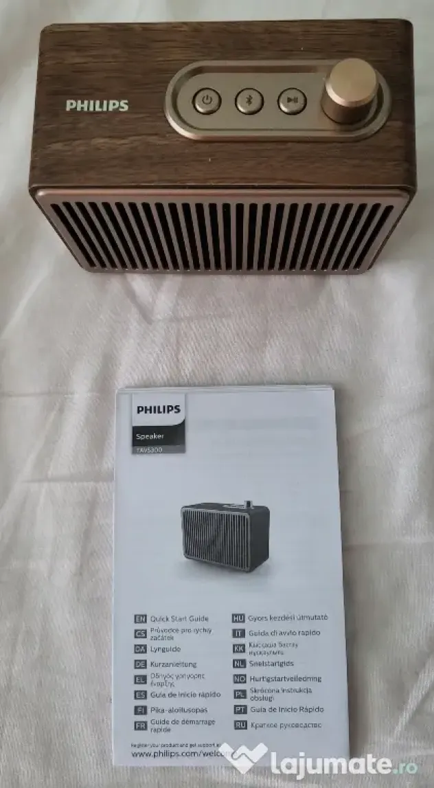 Boxa portabila PHILIPS TAVS300/00, retro design, Carcasă lemn vintage.