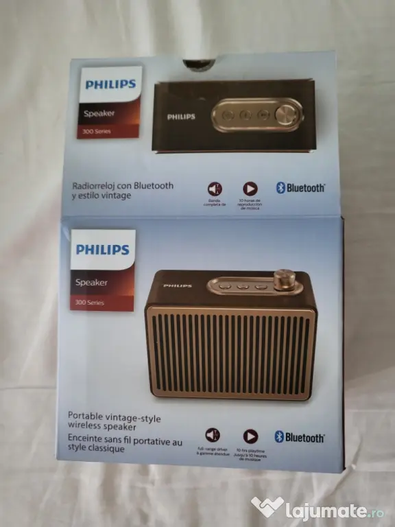 Boxa portabila PHILIPS TAVS300/00, retro design, Carcasă lemn vintage.