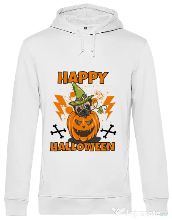 Hoodie barbat cu gluga Halloween Pug Alb