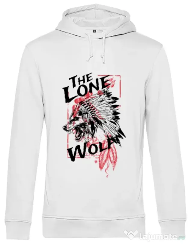Hoodie barbat cu gluga The lone wolf Alb