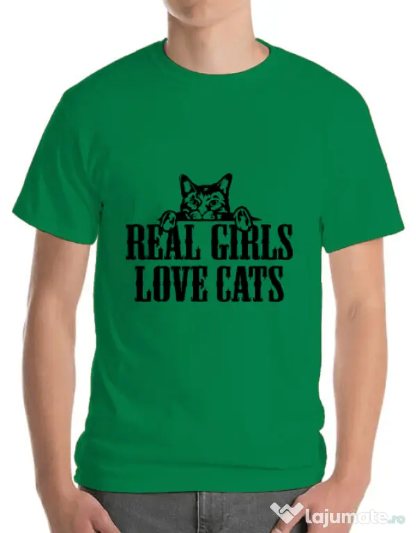 Tricou ADLER barbat Real girls love cats Verde mediu