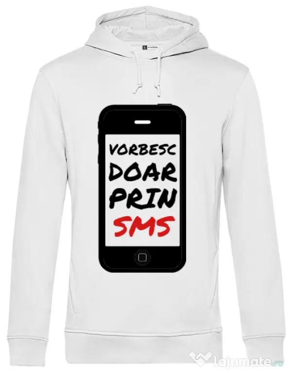 Hoodie barbat cu gluga Vorbesc doar prin sms Alb