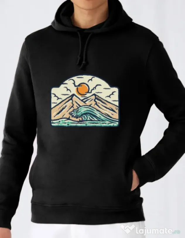 Hoodie barbat cu gluga Mountain and wave Negru