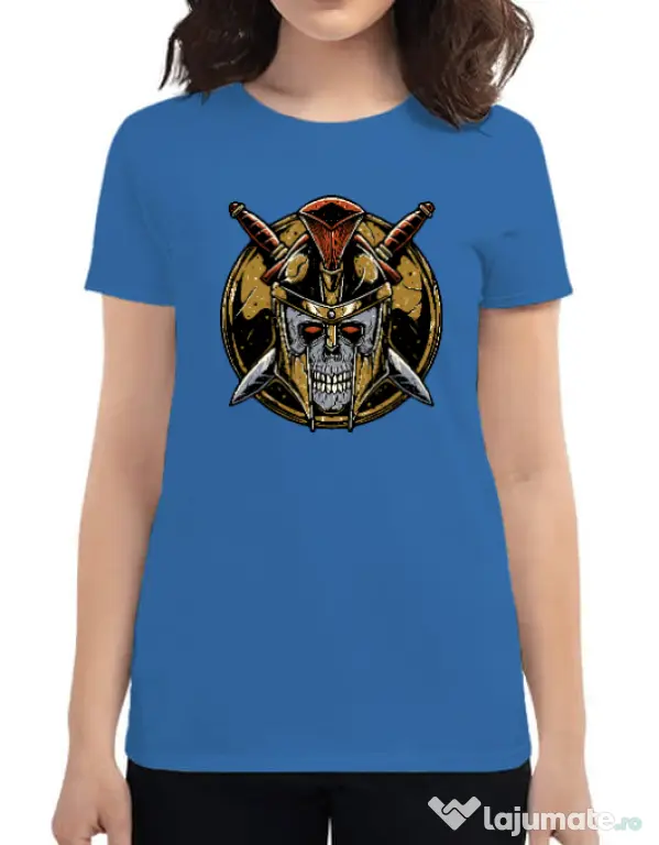 Tricou personalizat dama Skull Spartan Albastru azuriu
