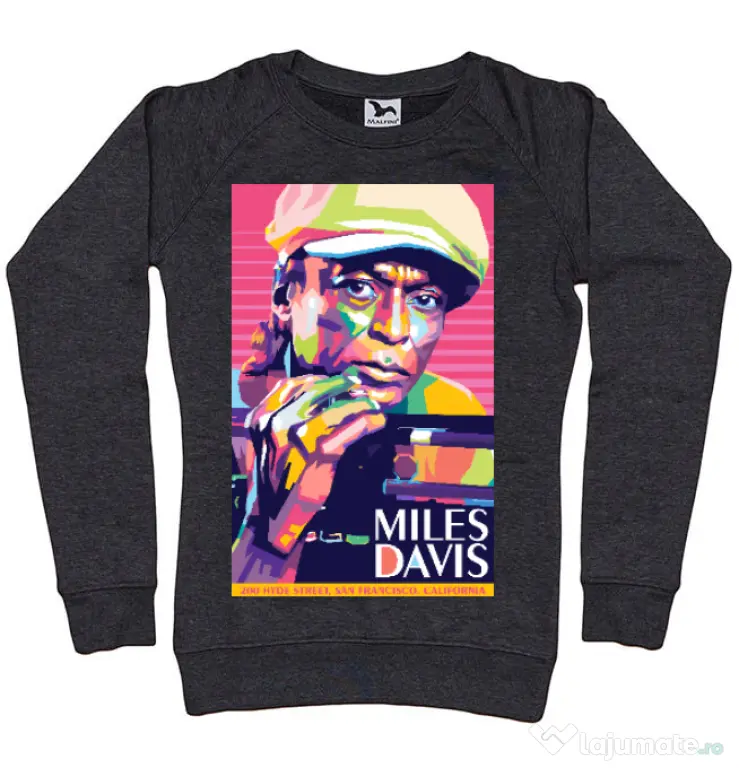 Bluza personalizata dama Miles Davis Negru melanj