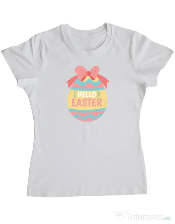 Tricou personalizat dama HELLO EASTER Alb