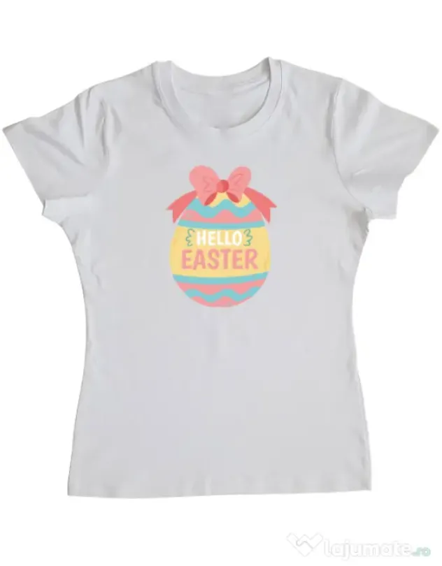 Tricou personalizat dama HELLO EASTER Alb