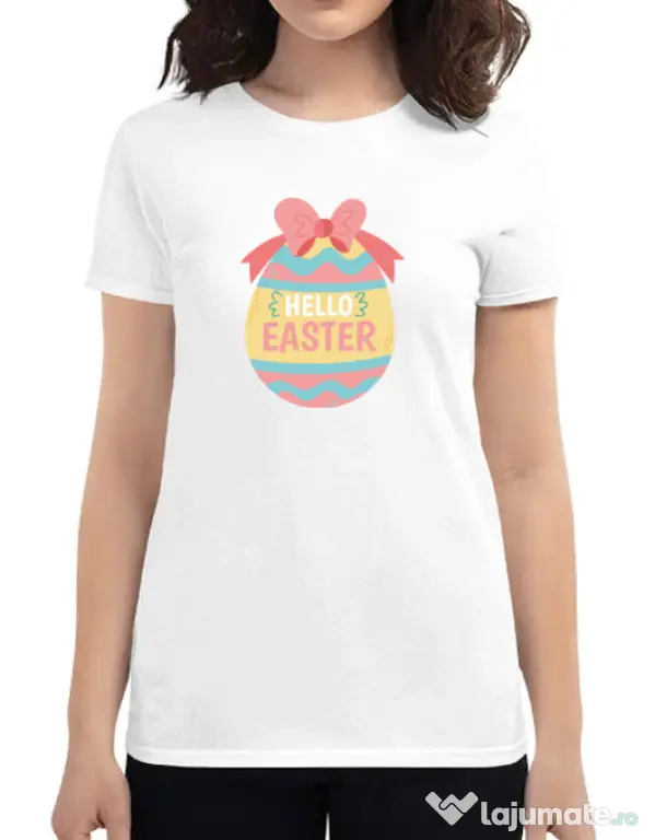Tricou personalizat dama HELLO EASTER Alb