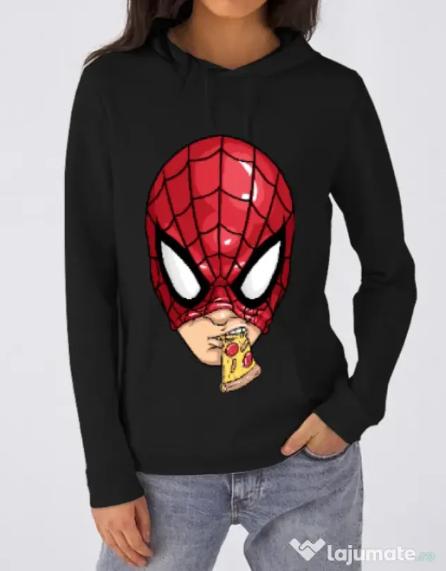 Hoodie dama cu gluga Spiderman pizza Negru