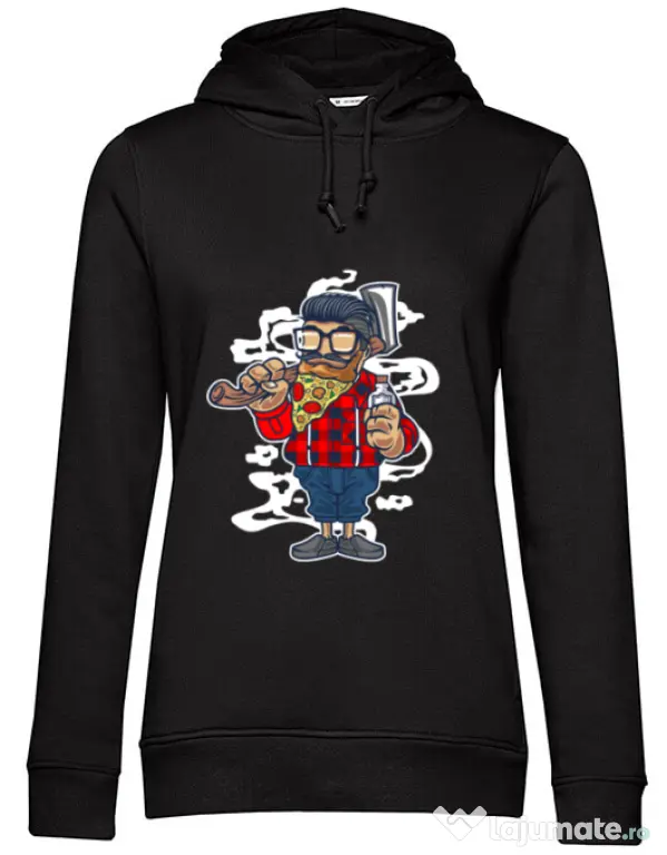 Hoodie dama cu gluga Pizza Beard Negru