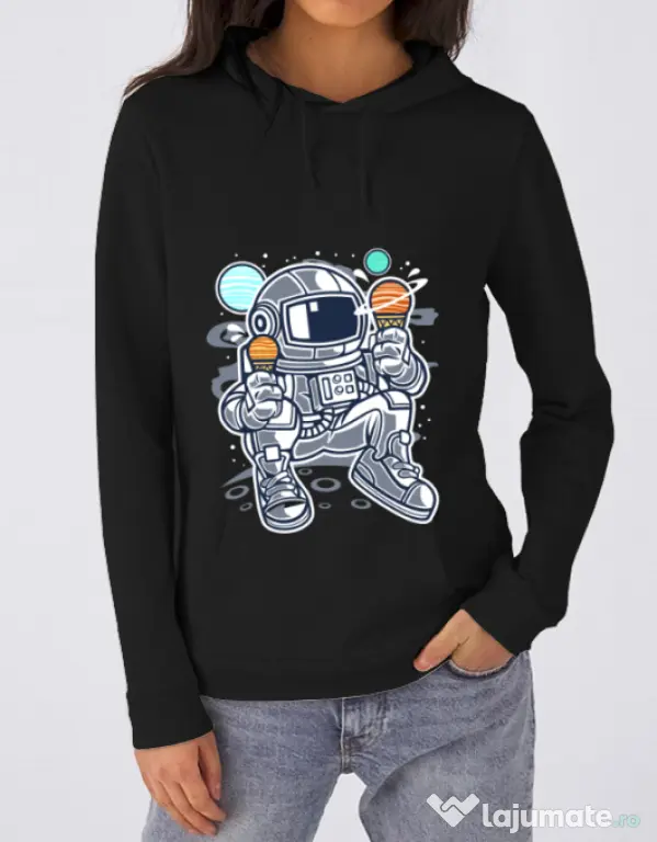 Hoodie dama cu gluga Astronaut Ice Cream Negru
