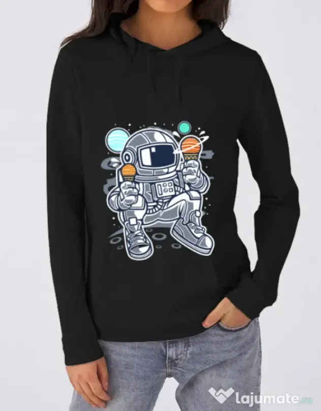 Hoodie dama cu gluga Astronaut Ice Cream Negru
